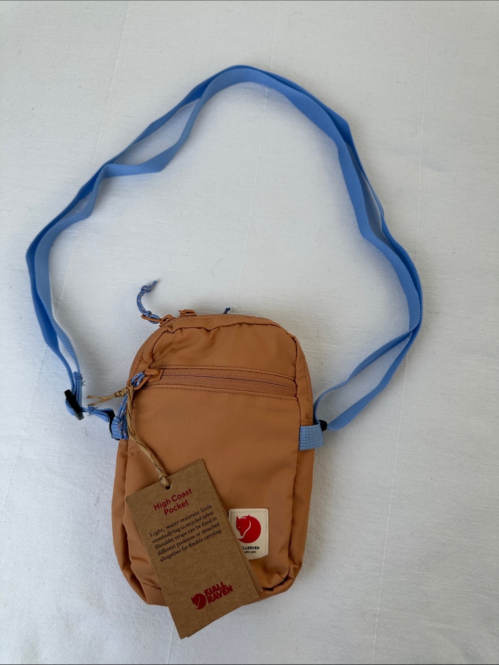 Fjallraven Small Crossbody Pocket in Tan with Blue Strap